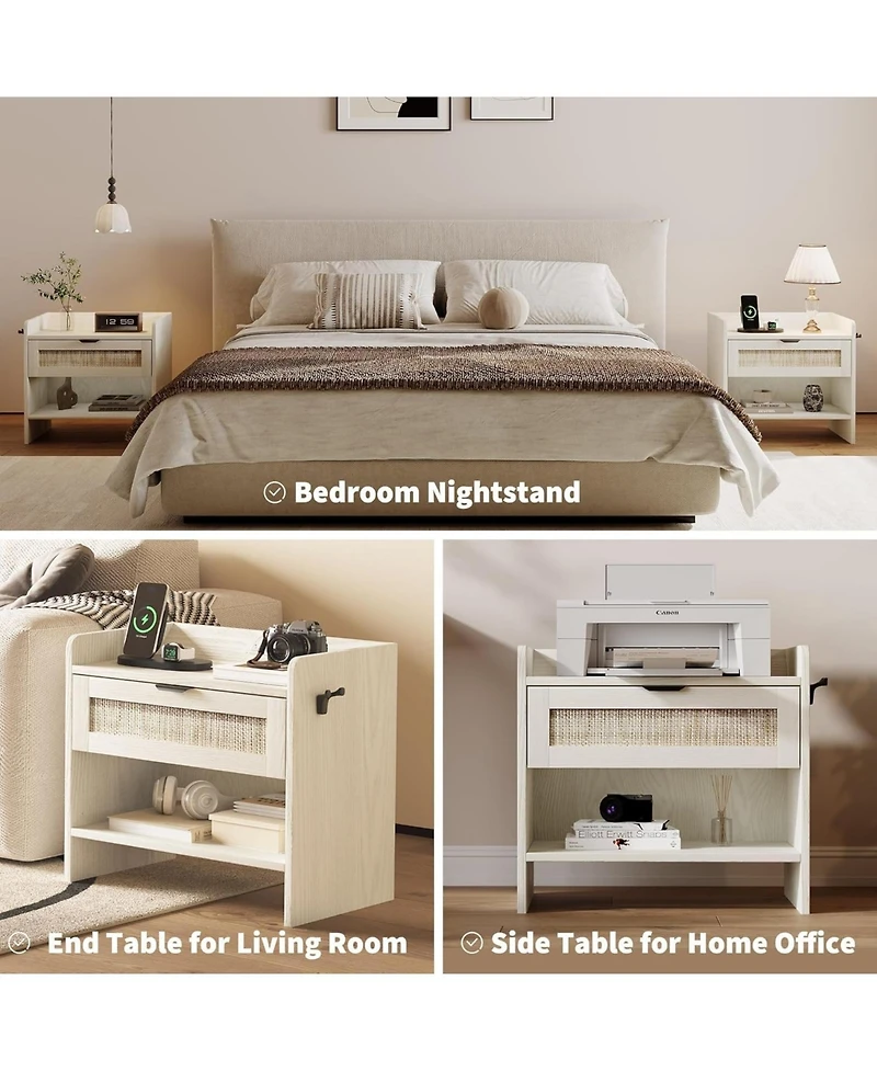 gaomon rattan bedside nightstand with 1 drawer, modern storage cabinet with charging station, ideal bedroom organizer.
