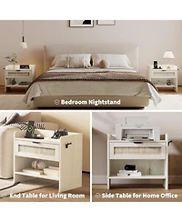 gaomon rattan bedside nightstand with 1 drawer, modern storage cabinet with charging station, ideal bedroom organizer.