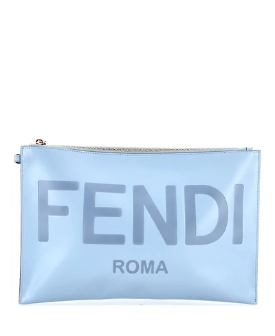 Pre-Owned Fendi Large Logo Flat Wristlet Pouch Embossed Leather