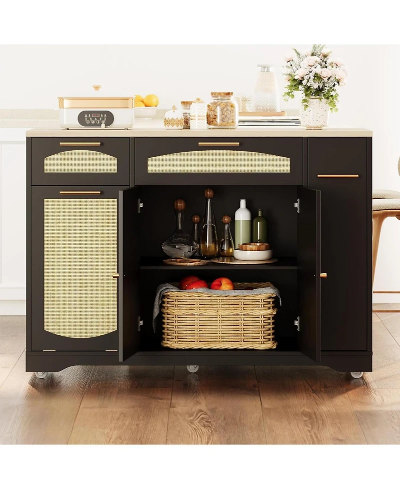 gaomon Rattan Rolling Kitchen Island Table on Wheels with Drop Leaf, Tilt Out Trash Can Cabinet 2 Door, Storage Cabinet, Drawer, Spice Rack