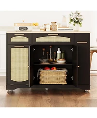 gaomon Rattan Rolling Kitchen Island Table on Wheels with Drop Leaf, Tilt Out Trash Can Cabinet 2 Door, Storage Cabinet, Drawer, Spice Rack