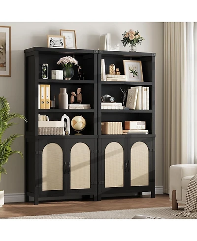 gaomon 70'' farmhouse bookshelf with door, three levels of open storage, floor standing display shelves and bookcase for home organization.