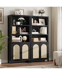 gaomon 70'' farmhouse bookshelf with door, three levels of open storage, floor standing display shelves and bookcase for home organization.