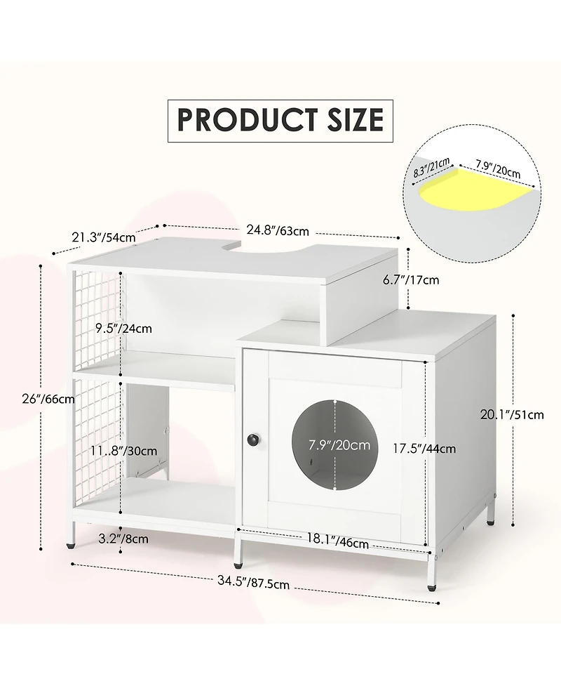Zeus and Ruta Hidden Litter Box Enclosure with Divider for Bathroom White Indoor Cat House Furniture for Large Cats