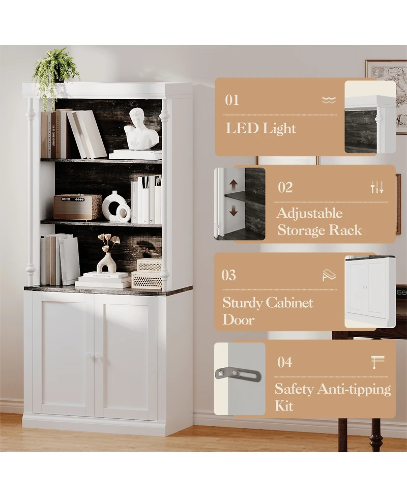 gaomon Tall Storage Bookcase with 3-Tier Open Shelves and Double Door,4 Adjustable Lights