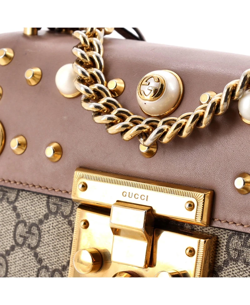 Pre-Owned Gucci Small Pearly Padlock Shoulder Bag Gg Coated Canvas with Studded Leather