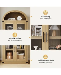 gaomon 71" Arched Farmhouse Bookshelf with Glass Doors and Drawers, Rounded Storage Cabinet
