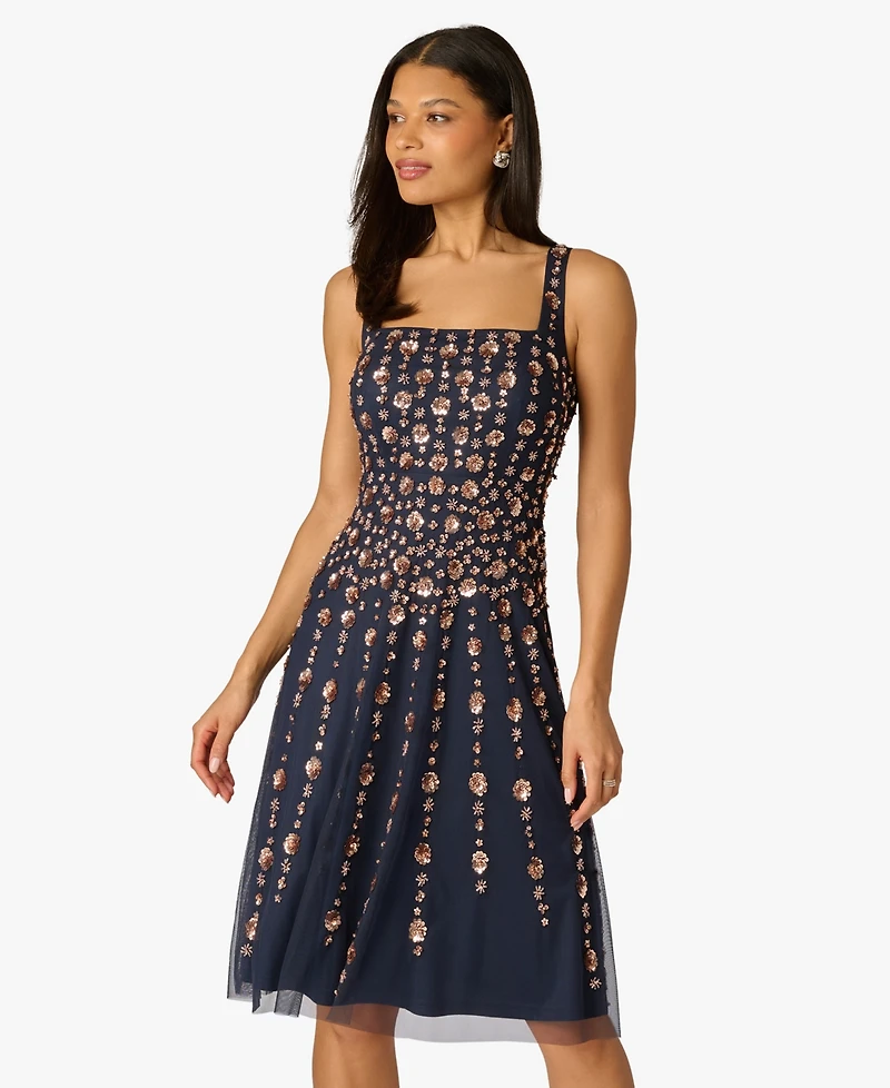 Adrianna Papell Petite Beaded Square Neck Midi Dress