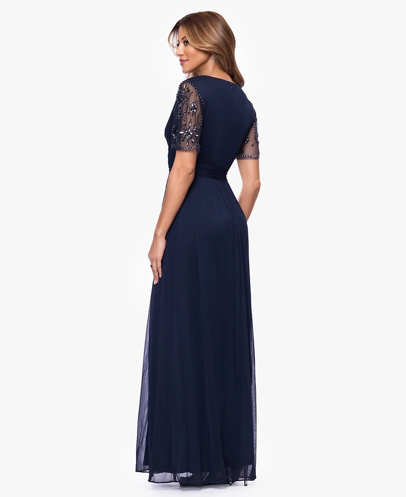 Xscape Women's Short-Sleeve V-Neck Long Gown