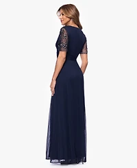 Xscape Women's Short-Sleeve V-Neck Long Gown