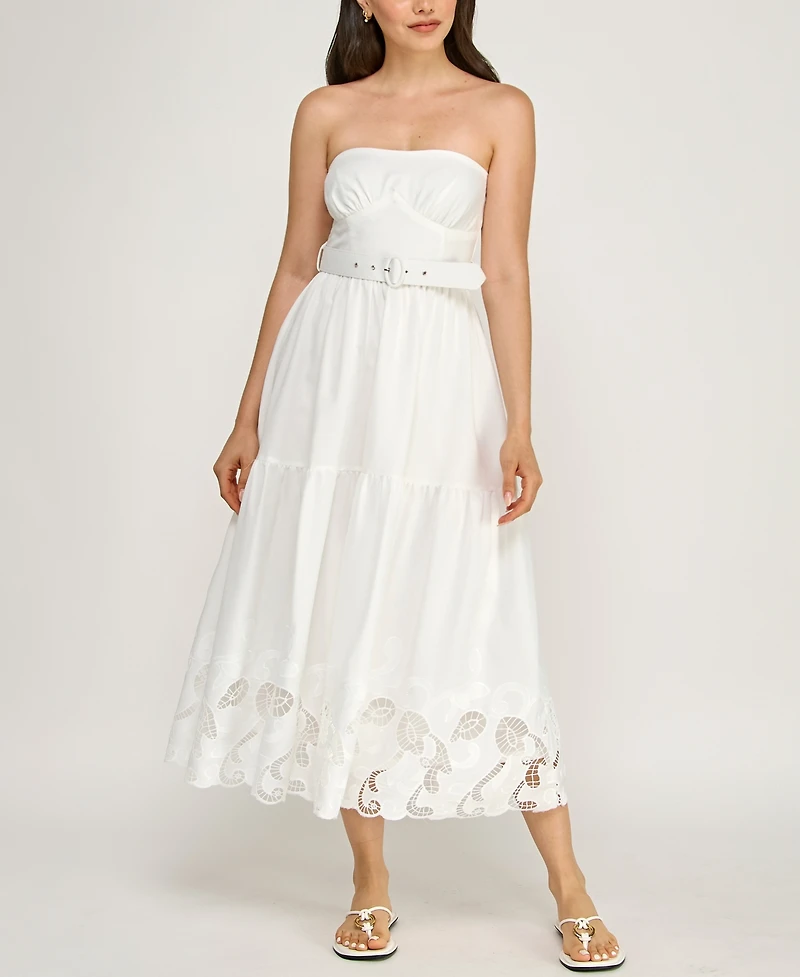 Row A Juniors' Strapless Sweetheart Neck Lazer Cutout Hem Belted Midi Dress