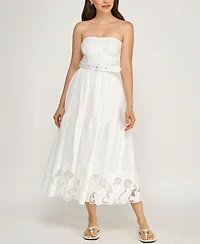 Row A Juniors' Strapless Sweetheart Neck Lazer Cutout Hem Belted Midi Dress