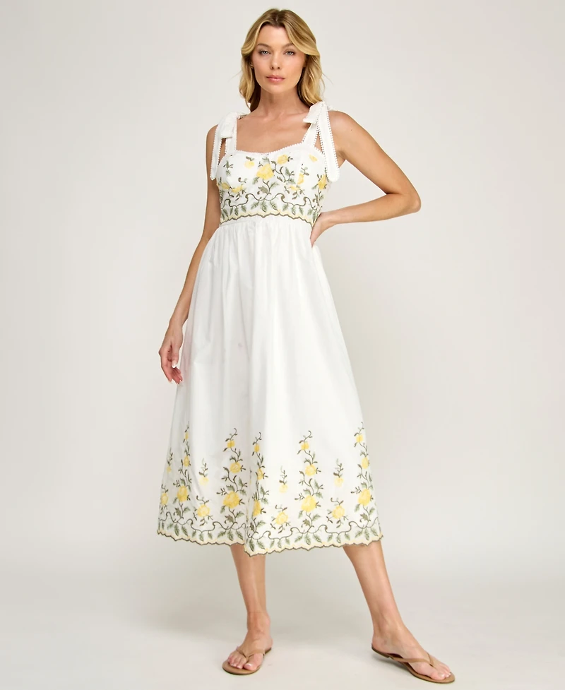 Row A Juniors' Tie-Shoulder Straps Embroidered Slim Sweetheart Neck Midi Dress