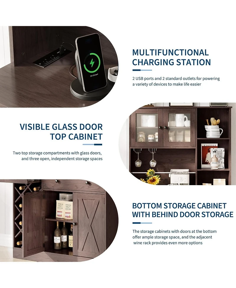 gaomon Coffee Bar Cabinet with Power Outlet & Exquisite Barn Doors, Sideboard Buffet Wine Bottle Rack, Storage
