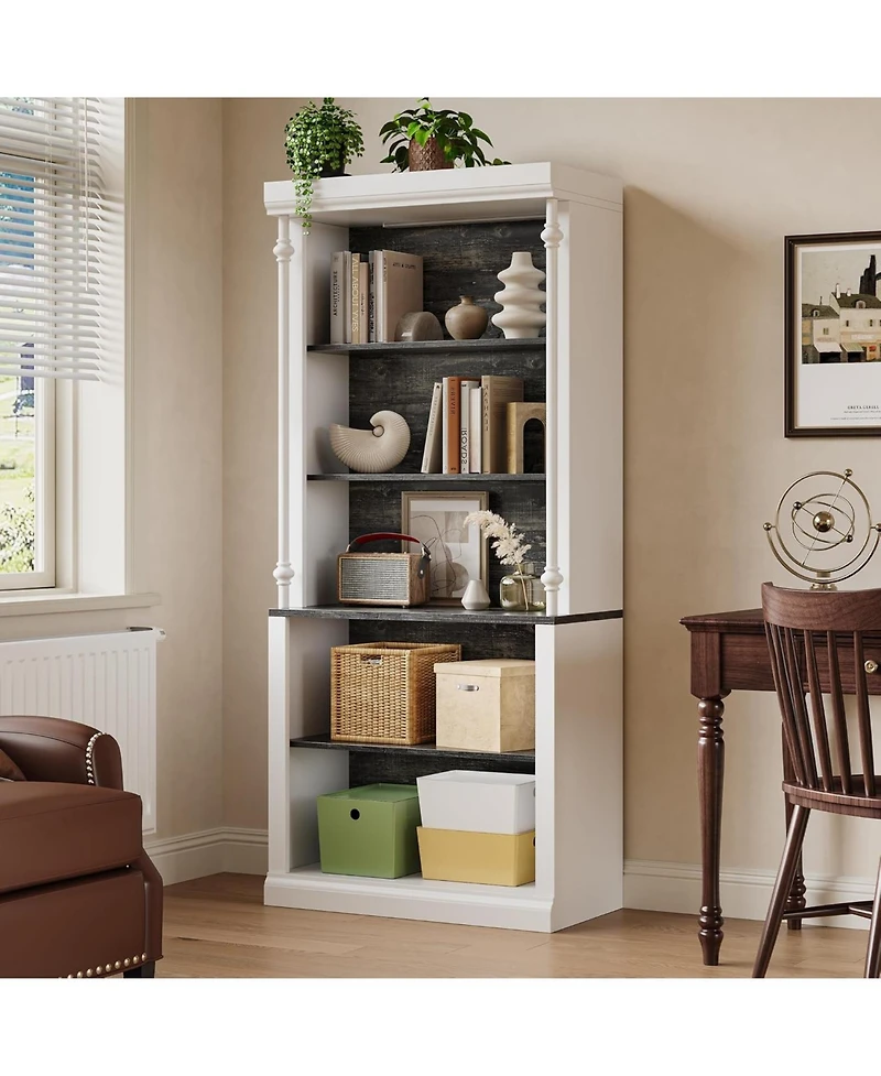 gaomon 5 tier open bookcase with Roman column design, Led lights, adjustable wood grain shelves, freestanding display storage.