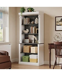 gaomon 5 tier open bookcase with Roman column design, Led lights, adjustable wood grain shelves, freestanding display storage.