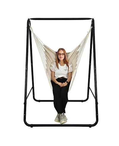 Gymax Hammock Chair Stand Hanging Padded Swing Heavy Duty Steel Outdoor