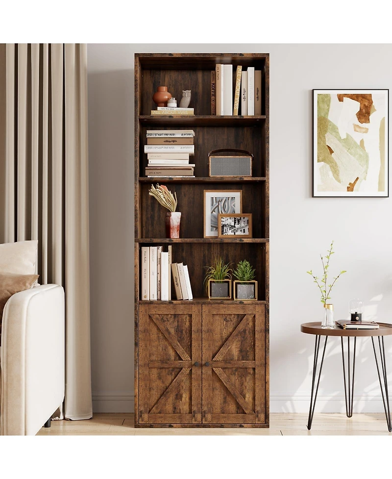 gaomon 71.4" Tall Farmhouse 6-Tier Bookcase with Barn Doors and Storage Cabinet