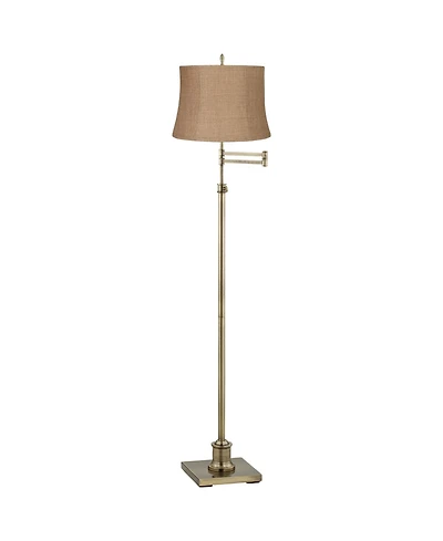 360 Lighting Swing Arm Floor Lamp Adjustable Height 70" Tall Antique Brass Burlap Fabric Drum Shade for Living Room Reading Bedroom