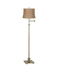 360 Lighting Swing Arm Floor Lamp Adjustable Height 70" Tall Antique Brass Burlap Fabric Drum Shade for Living Room Reading Bedroom