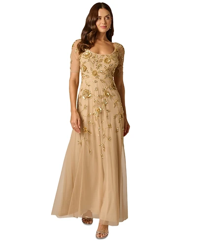 Adrianna Papell Women's Scoop Neck Mesh Long Dress