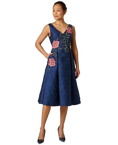 Adrianna Papell V-Neck Embroidered Dress