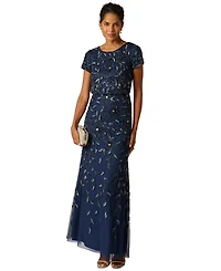 Adrianna Papell Women's Boat-Neck Blouson Beaded Gown