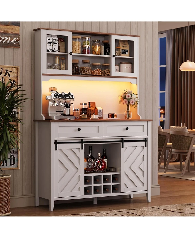 gaomon 72" Farmhosue Bar Cabinet with Sliding Barn Door, Large Kitchen Buffet with Hutch Wine with Charging Station, 2 Drawers, 8 Storage Shelves