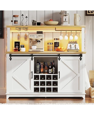 gaomon Hetoy Farmhouse Coffee Bar Cabinet 55" Tall with Sliding Barn Door, Led Light, Power Outlet - Storage Drawers, 12-Bottle Wine Rack