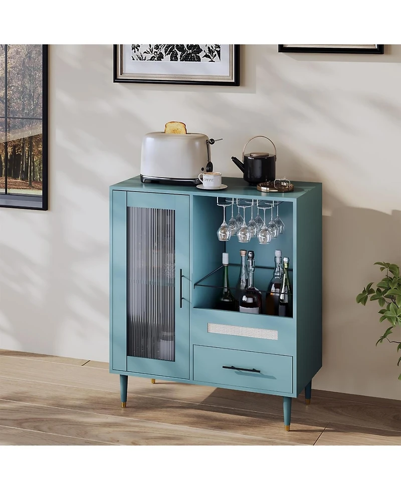 gaomon Modern Wine Bar Cabinet with Tempered Glass Door – Wine Rack, Drawers and Ample Storage – Freestanding Sideboard Buffet.