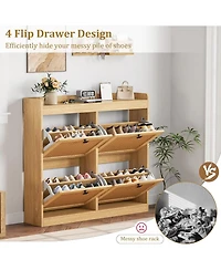gaomon Shoe Cabinet with 4 Deep Flip Drawers, Freestanding Wooden Shoe Storage Cabinet with Rattan Door and 3-Tier Adjustable Shelves