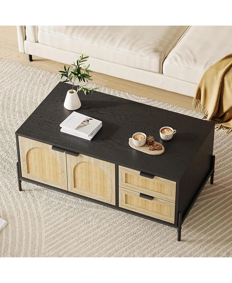gaomon Farmhouse Rattan Coffee Table, Modern Center Table with 2 Drawers Storage Cabinet and Open Shelf, Rectangle End Table with Metal Frame
