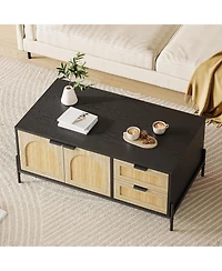 gaomon Farmhouse Rattan Coffee Table, Modern Center Table with 2 Drawers Storage Cabinet and Open Shelf, Rectangle End Table with Metal Frame