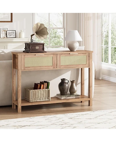 gaomon 2Pcs Entryway Table with Drawers, Rattan Console Table with Storage, Boho Sofa Table for Living Room, 2 Tier Hallway Table Home