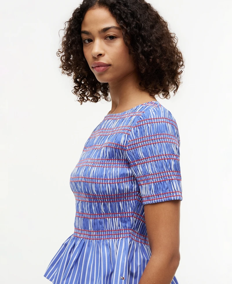 Tommy Hilfiger Women's Smocking Striped Boat Neck Cotton Top