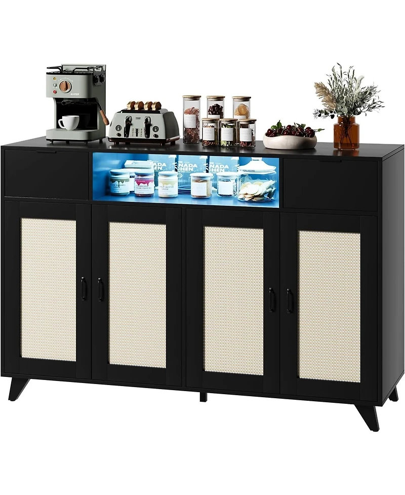gaomon Power Outlet and Led Lights - 4 Door Accent Storage Cabinet, 2 Drawers Console Table with Adjustable Shelves