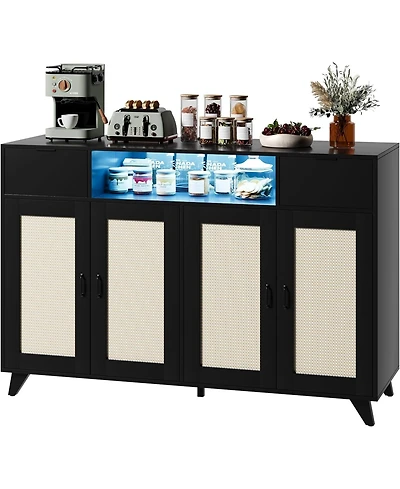 gaomon Power Outlet and Led Lights - 4 Door Accent Storage Cabinet, 2 Drawers Console Table with Adjustable Shelves