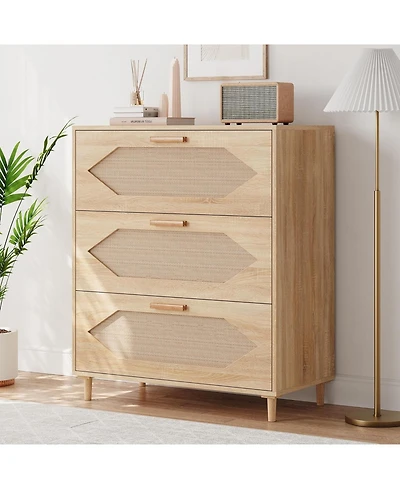 gaomon Dressers for Bedroom, 3 Drawer Rattan Dresser with Spacious Storage, Modern Wood Chest of Drawers, Rustic Oak Wooden Nightstand for Bedroom