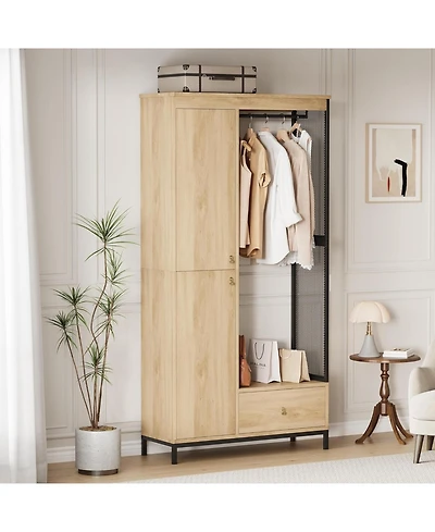 gaomon Modern Armoire Wardrobe Closet, Wood and Metal Frame Clothes Storage Organizer with Double Closed Doors, Open Hanging Rod