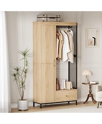 gaomon Modern Armoire Wardrobe Closet, Wood and Metal Frame Clothes Storage Organizer with Double Closed Doors, Open Hanging Rod