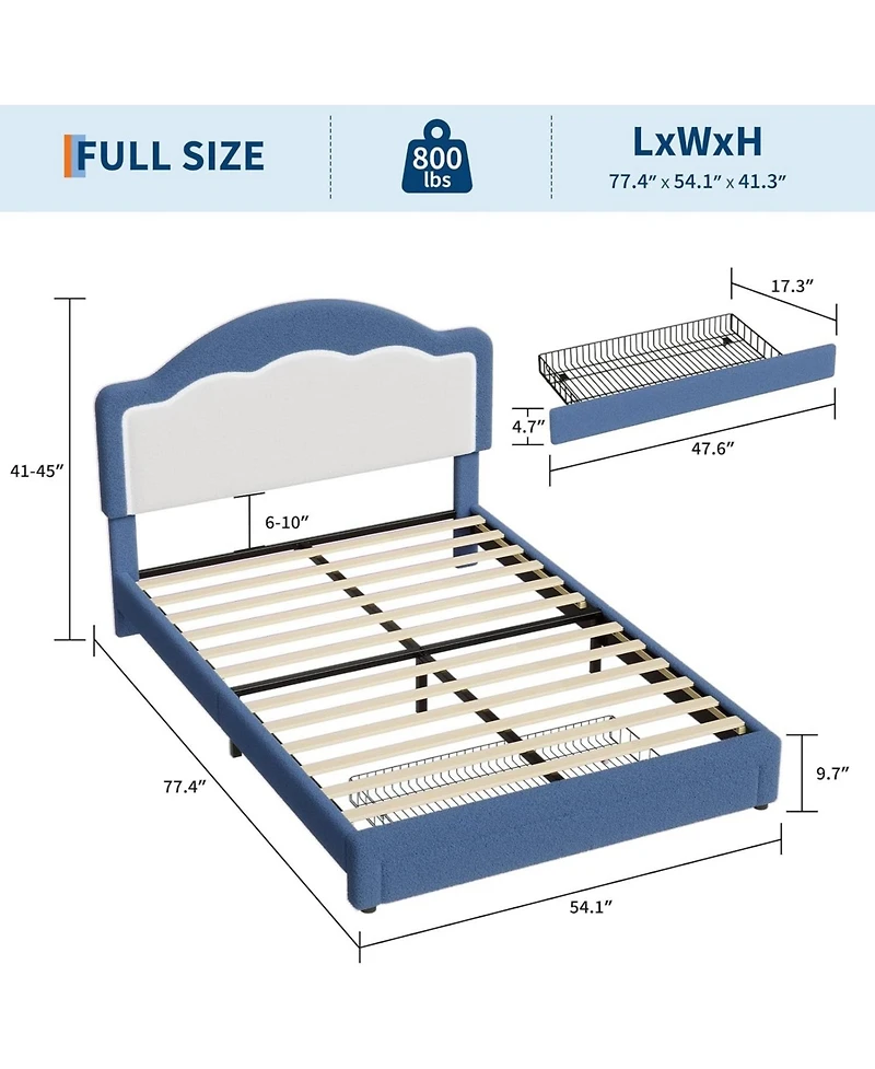 gaomon Full Kids Bed Frame with Led Headboard, Sherpa Upholstered Platform with Storage Drawer