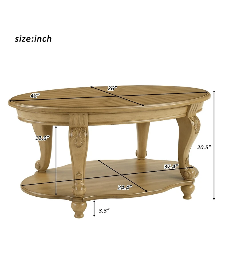 Rainsken 42" Oval Coffee Table, 2-Tier Solid Wood Center Table with Open Storage Shelf for Living Room, Small Space