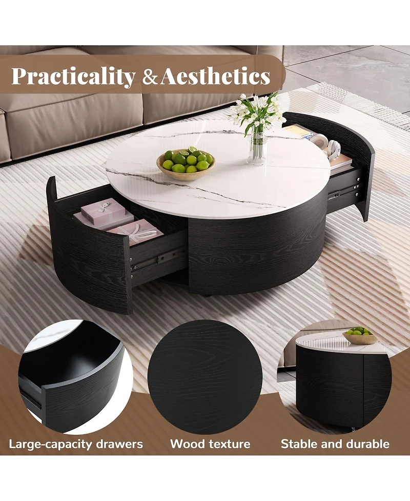 Rainsken 29.5" Round Movable Coffee Table on Wheels, Modern Wood Center Table with Marble Textured Sintered Stone Top and 2 Drawers for Living Room