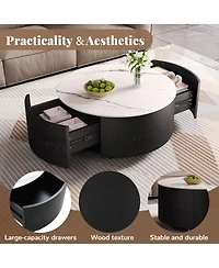 Rainsken 29.5" Round Movable Coffee Table on Wheels, Modern Wood Center Table with Marble Textured Sintered Stone Top and 2 Drawers for Living Room