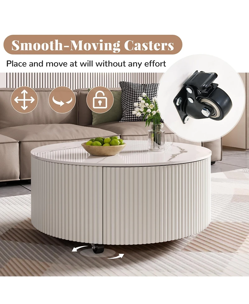 Rainsken Round Coffee Table with Wheels, Living Room Center Table with Marble Pattern Sintered Stone Tabletop and Dual Drawers for Storage