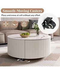 Rainsken Round Coffee Table with Wheels, Living Room Center Table with Marble Pattern Sintered Stone Tabletop and Dual Drawers for Storage