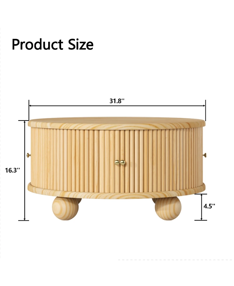 Rainsken Modern Round Fluted Storage Coffee Table, Solid Wood Center Table with Sliding Doors for Living Room and Compact Spaces