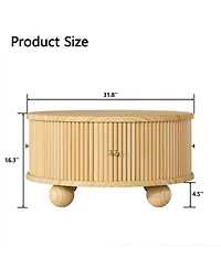 Rainsken Modern Round Fluted Storage Coffee Table, Solid Wood Center Table with Sliding Doors for Living Room and Compact Spaces