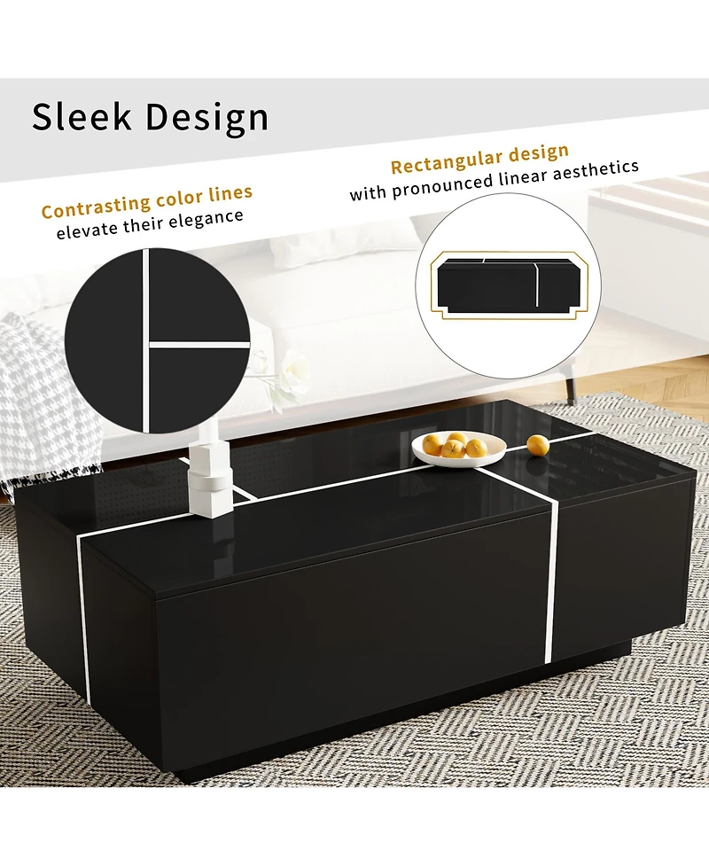 Rainsken Extendable Coffee Table - High-Gloss Finish, 2 Hidden Storage Space and 2 Drawers, Multi-Functional Center Table for Living Room