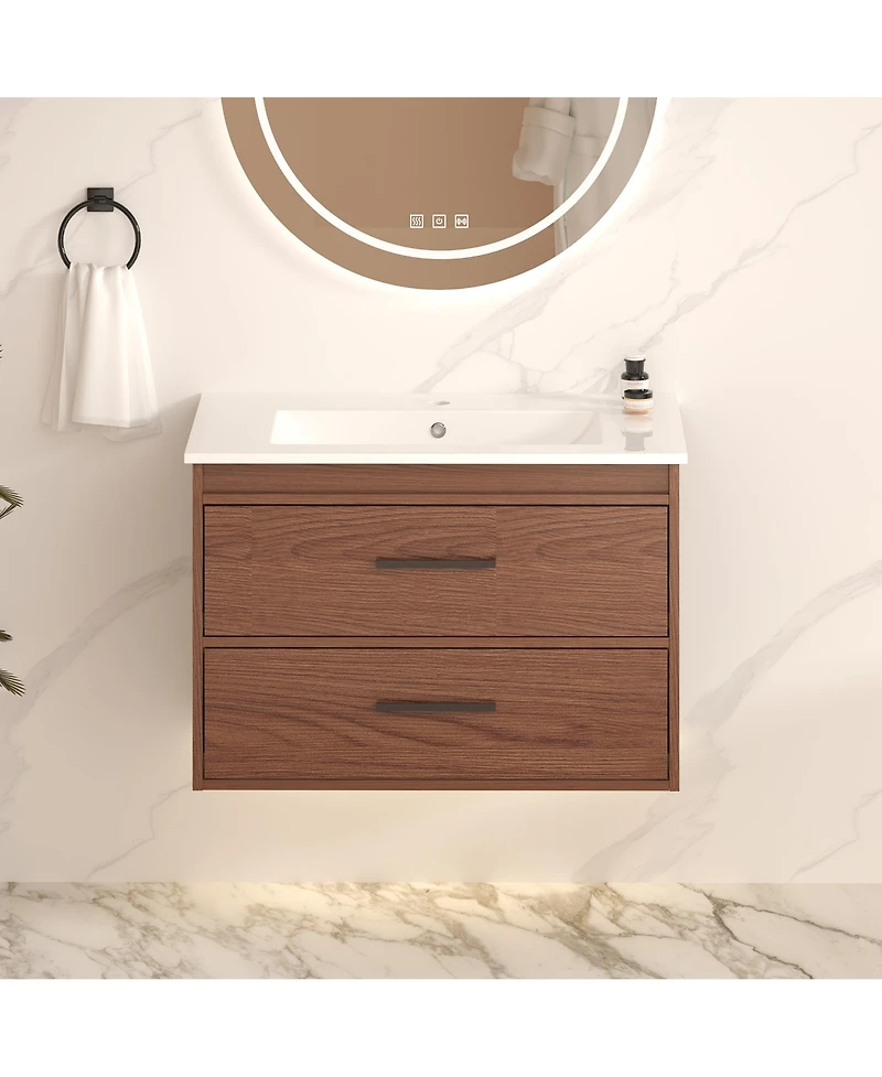 Busdays 30 Inch Reddish Wall Mounted Bathroom Vanity with Soft Close 2 Drawers